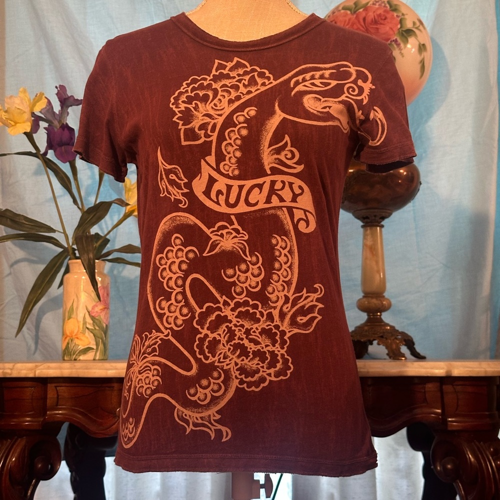 Lucky Brand purple/maroon colored Short Sleeve Tee with Beige Dragon Graphic